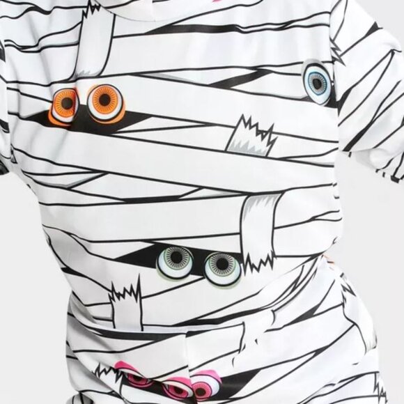 Mummy Halloween Costume 6/7 White Hooded Jumpsuit Unisex Blacklight Responsive - Picture 2 of 5